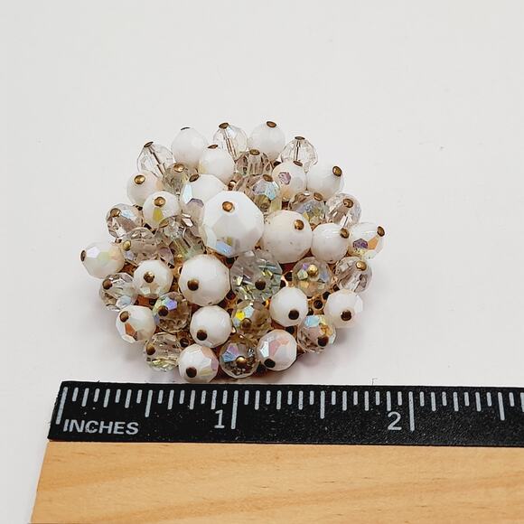 Vintage Beaded Brooch Clear & White AB Crystals Gold Tone Round 2 Inch - Picture 7 of 9